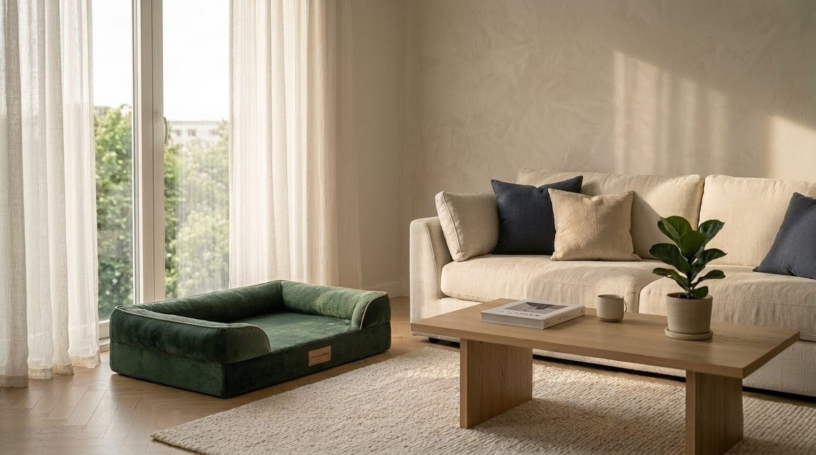 Forest-green Olloy dog bed styled in a beautiful minimal living room