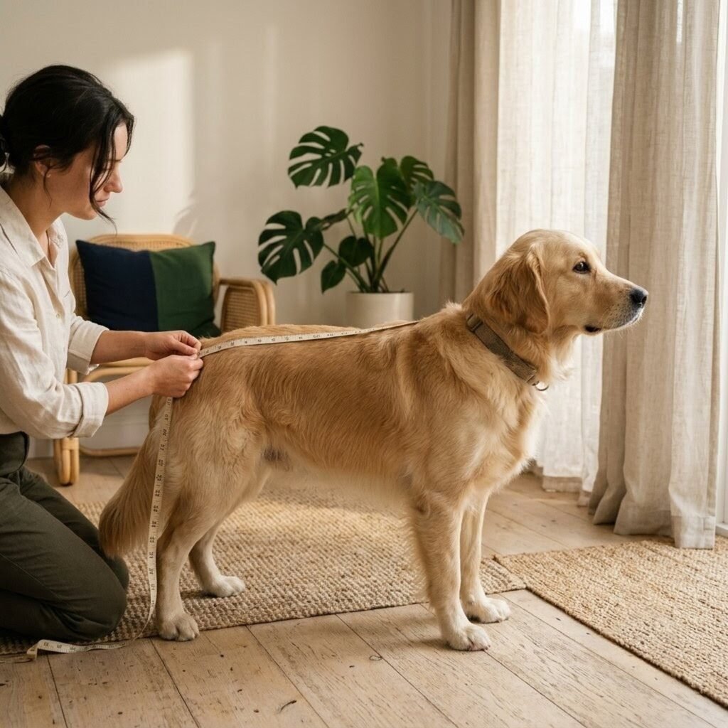 Owner measuring a golden retriever to find the right Olloy bed size