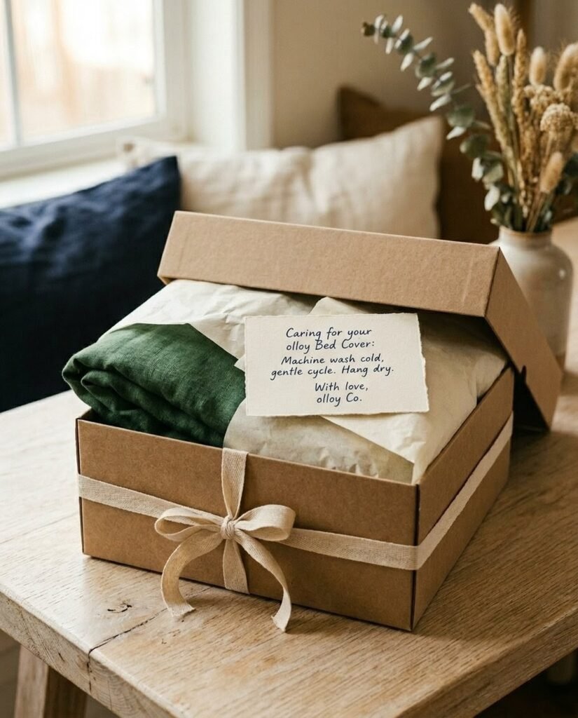 Olloy bed packaged as a kraft gift box with ribbon and handwritten care card