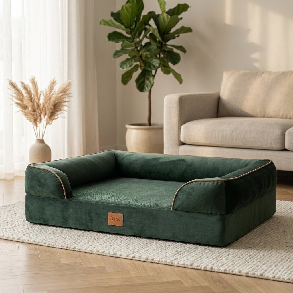 Olloy Bed in forest-green velvet, medium size, styled in a minimalist living room