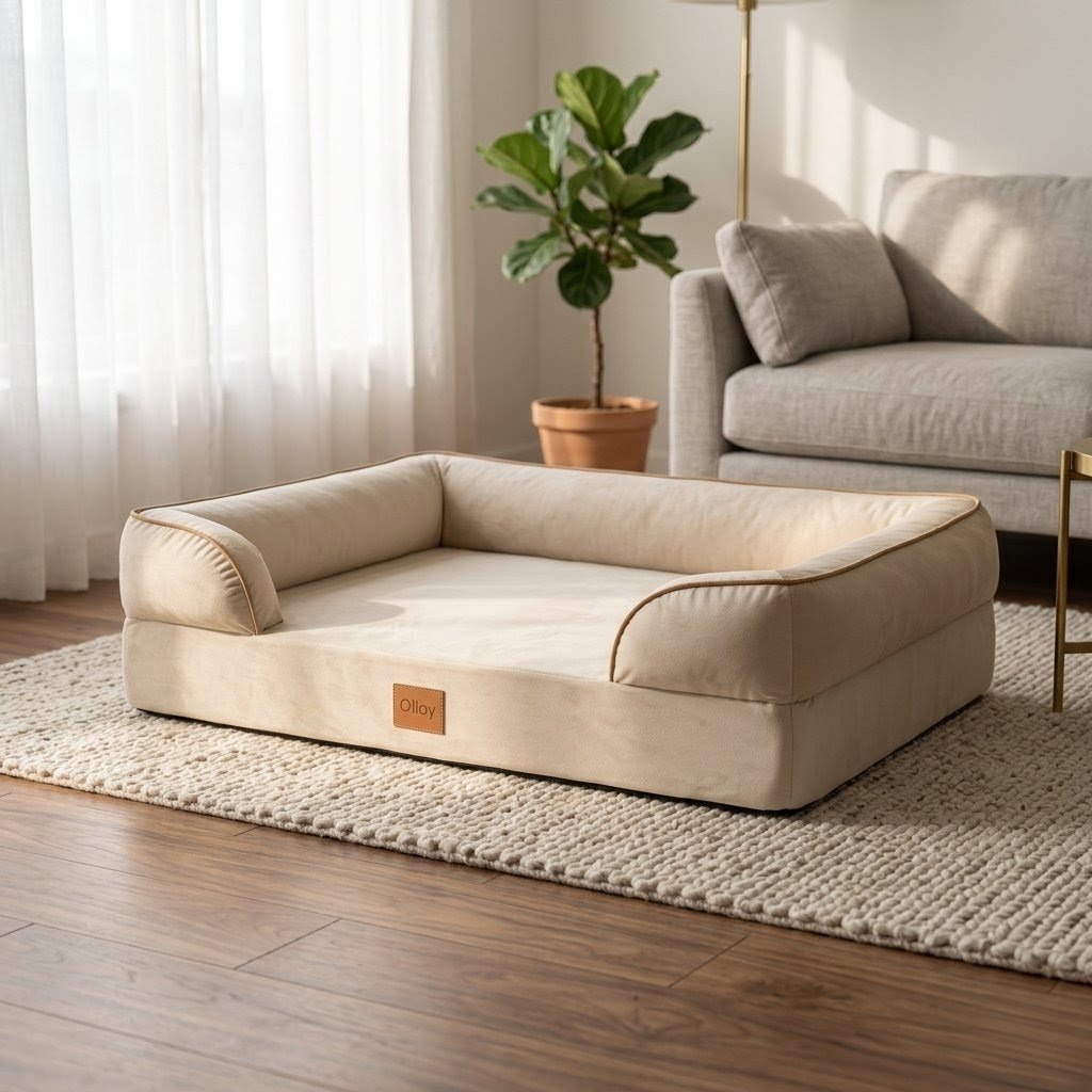 Olloy Bed in warm white velvet, medium size, styled in a minimalist living room