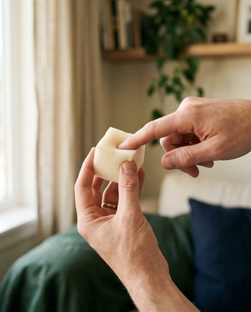 Hands pressing a cube of cream open-cell memory foam to show it spring back